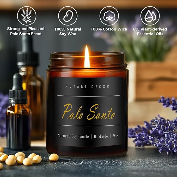 Palo Santo Highly Scented Candle for Home, 9oz Natural Soy Aromatherapy Non Toxic Candles with Essential Oil, Home Fragrance Stress Relief & Meditation Jar Candles Gifts for Women & Men