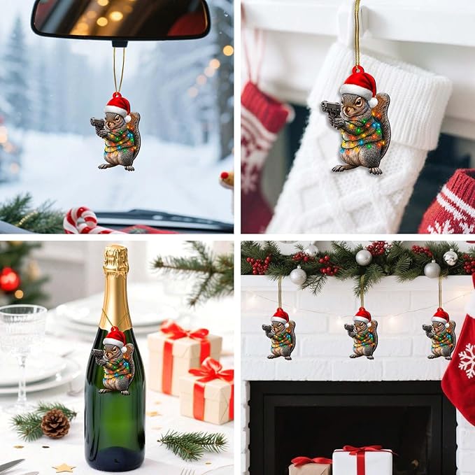 Funny Squirrel Christmas Ornament, Cute Holiday Tree Decoration with Santa Hat and Lights, Humorous Gift for Men & Women
