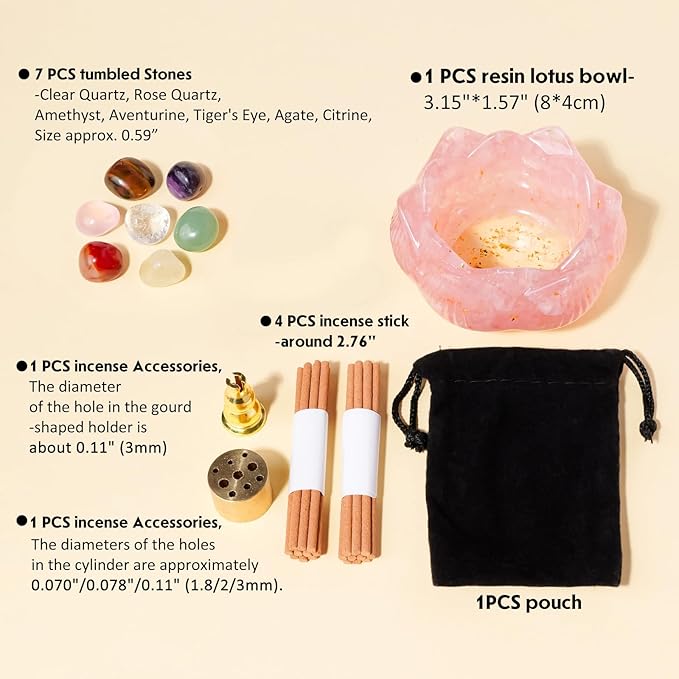 15PCS Incense Holders 40 Incense Sticks Rose Quartz Resin and Crystal Lotus Burner Soothe The Nerves Removable Ash Collector for Meditation, Yoga & Spiritual Home Decor