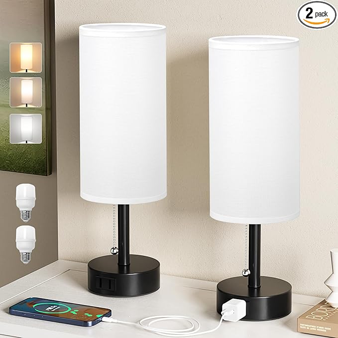 Fenmzee White Bedside Table Lamps Set of 2-3 Color Temperatures Pull Chain Lamp with AC Outlet Charging Port, Round Night Stand Lamps for Bedroom Office, Small Bed Side Light with E26 LED Bulbs