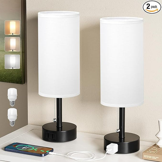 Fenmzee White Bedside Table Lamps Set of 2-3 Color Temperatures Pull Chain Lamp with AC Outlet Charging Port, Round Night Stand Lamps for Bedroom Office, Small Bed Side Light with E26 LED Bulbs