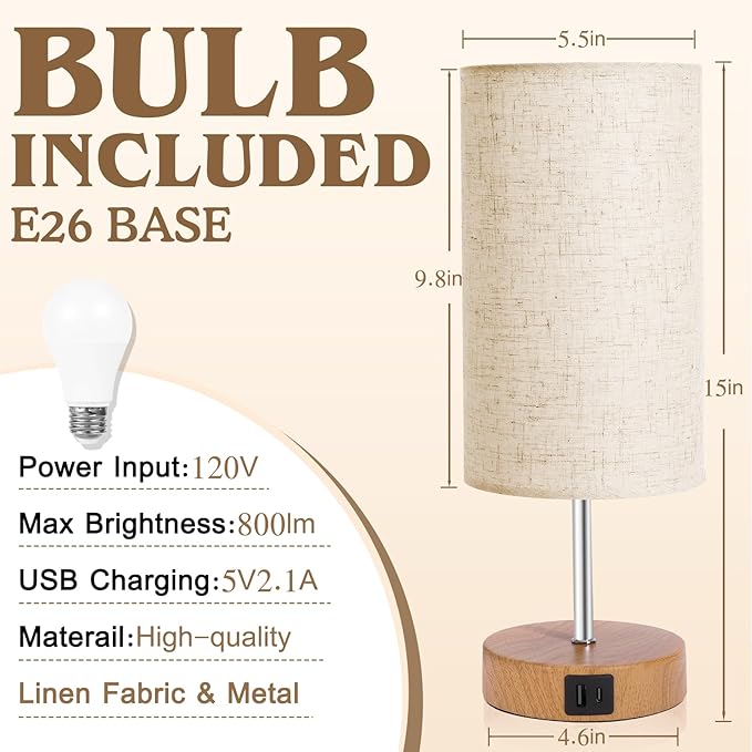 Bedside Table Lamp for Bedroom - 4 Way Dimmable Touch With USB and Type-C Charge Port, Small Wood Base Round Flaxen Fabric Shade for Living Room (Yellow Color Base)