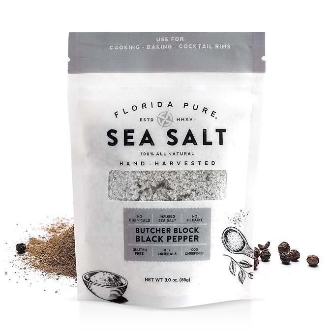 FLORIDA PURE Black Pepper Sea Salt - 80+ Mineral Sea Salt, Natural, Unrefined, Non Iodized - for Baking, Cooking, Seasoning & Enhancing Taste - Rich Taste Flaky Sea Salt (3 oz Pouch)