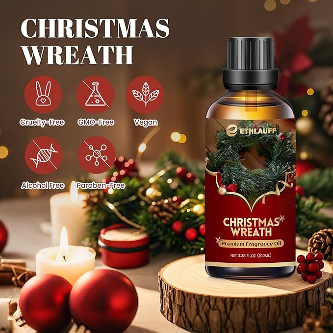 Christmas Wreath Essential Oil 3.38 Fl Oz (100ml), Christmas Essential Oils for Diffusers, Winter Essential Oils for Candle Making, Cozy Holiday Scented Oils