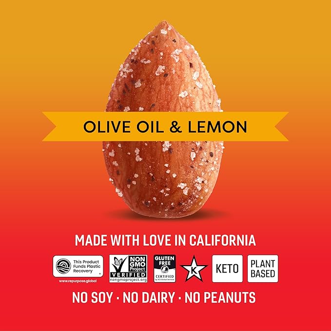 Octonuts Olive Oil & Lemon Almonds – 12 Individually Wrapped Snack Packs (1oz Each), Healthy Snacks for Adults and Kids, Non-GMO, Keto and Gluten-Free, Roasted in Cold Pressed Olive Oil