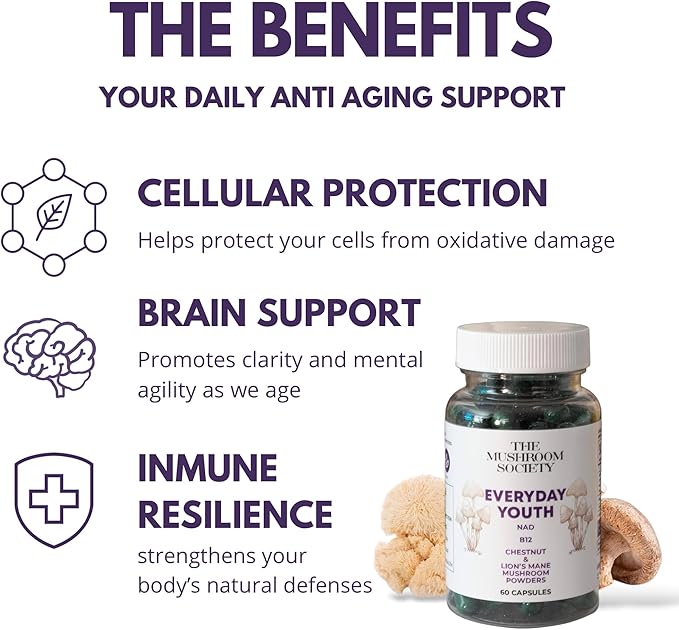 Everyday Youth - Anti-Aging Supplement - Brain & Cellular Energy Formula – Lion’s Mane, Chestnut, NAD, B12 + Beta-Glucans - 60 Vegan Capsules