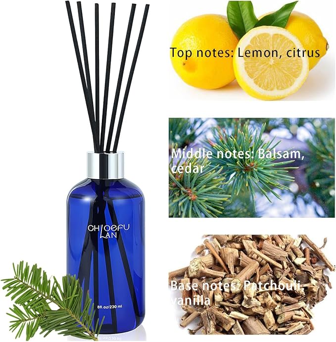 Chloefu Lan Balsam & Fir Reéd Diffuser, 8.1 oz Natural Essential Scented Oil with Diffuser Sticks,Air Fresheners for Home, Christmas Bathroom Decor