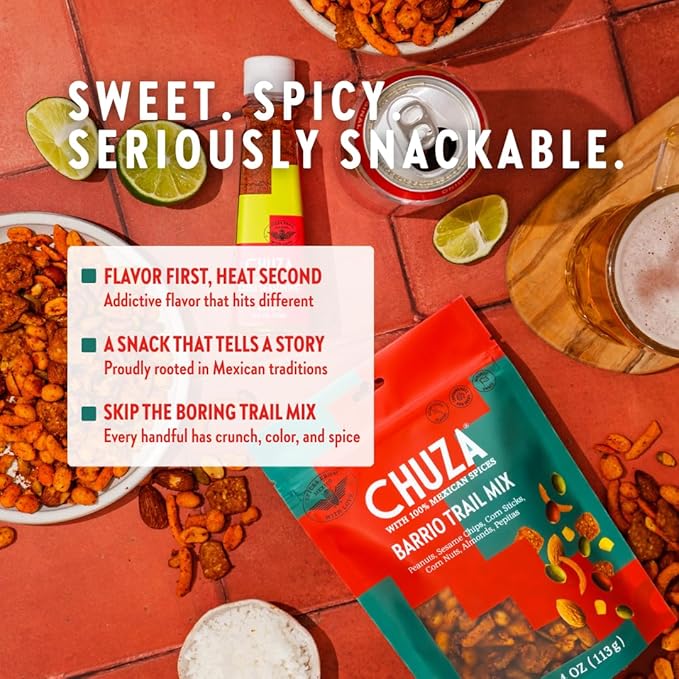 CHUZA Barrio Trail Mix – Spicy Crunchy Snack with 100% Mexican Spices – Peanuts, Corn Nuts, Almonds, Pepitas, Corn Sticks & Sesame Chips – High Protein, Gluten-Free – 4 oz (Pack of 2)