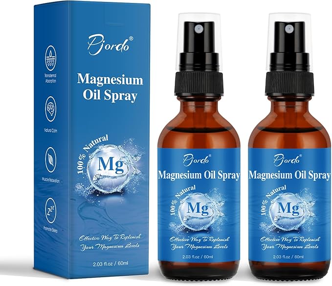 2 Pack Pure Magnesium Oil Spray, 100% Natural Ingredients for Caring Body, Topical Magnesium Spray for Feet & Sleep, Portable Bottle Design, Easy to Absorb and Use