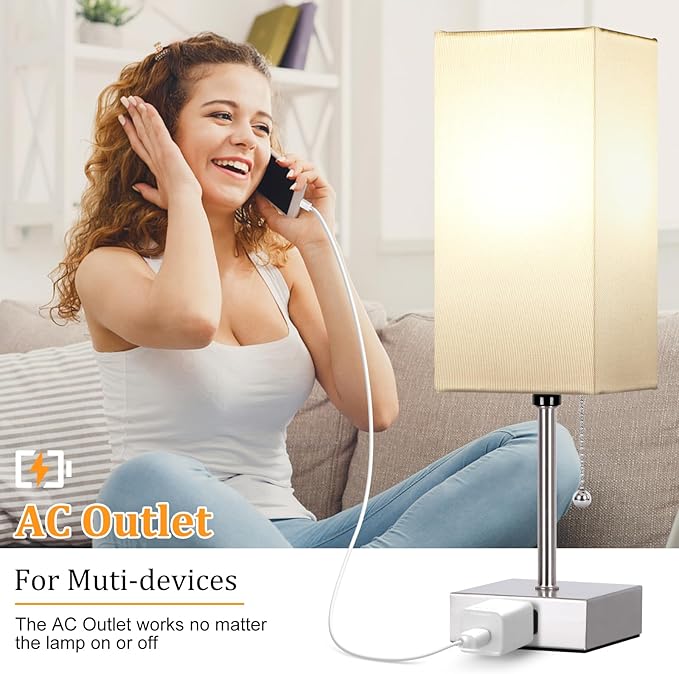 Dott Arts Touch Control Bedside Lamp, 3 Way Dimmable Nightstand Lamp with 2 USB Ports & AC Outlet, Modern Style, White Fabric Shade