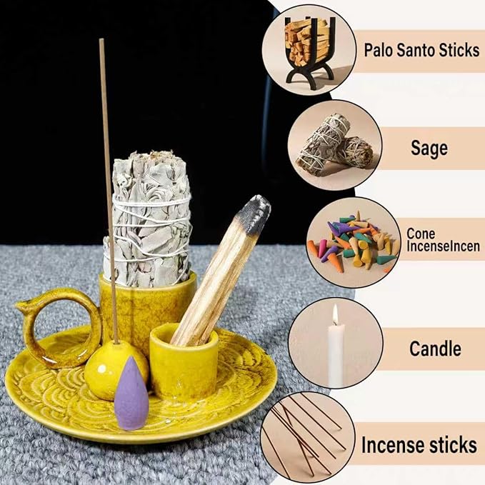 5.1-Inch 5-in-1 Yellow Ceramic Incense Holder - Fits Palo Santo, Sage, Incense Sticks/Cones, Small Candle, Smudge Burning Tray.Zen Altar for Meditation/Yoga, Aromatic Scents, Matches Friendly