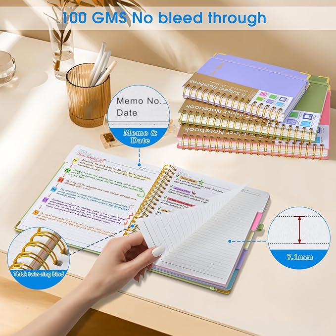 Hardcover Spiral Notebooks for Work, 5 Subject Notebook College Ruled with Dividers Tabs, Lined Organizer Notebook Journal for Women, 240 Pages Small A5 Notebooks for School Note Taking, 5x7 Black