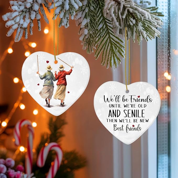 1pc 2 Side Printed We'll Be Friends Ceramic Ornament 2025, Heart-Shaped Christmas Tree, Cute Keepsake Decoration
