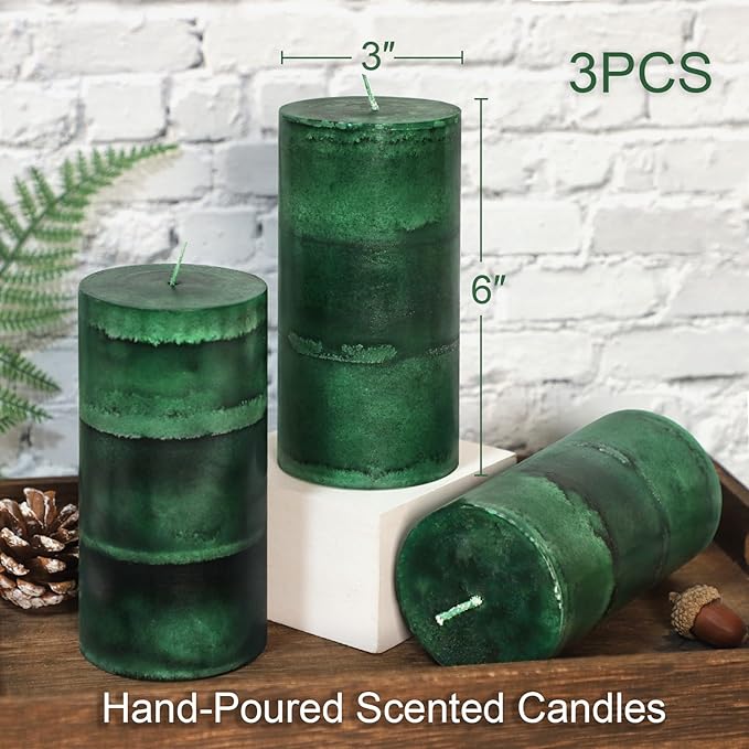 Dark Green Pillar Candles 3x6 Inch Fir Scented Candles Hand-Poured Long Lasting Burning Large Candle Holiday Forest Christmas Decoration Candle for Home Fragrance Gift Table Wedding 3 Pack