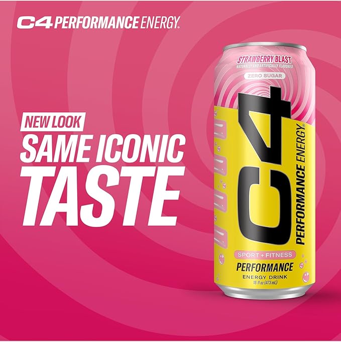 Cellucor C4 Performance Energy Drink | Strawberry Blast | Zero Sugar Carbonated Preworkout Energy | 200mg Caffeine with Beta Alanine | 16 Fl Oz (24 Pack)