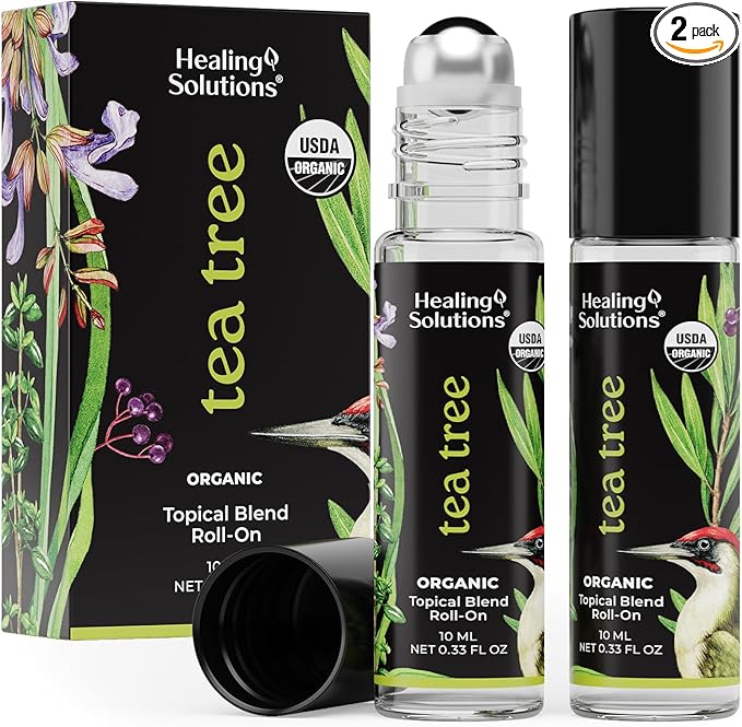 Healing Solutions (2 Pack) USDA Certified Organic Tea Tree Essential Oil Roll-On for Sleep & Skin - Body Oil Topical Applicator