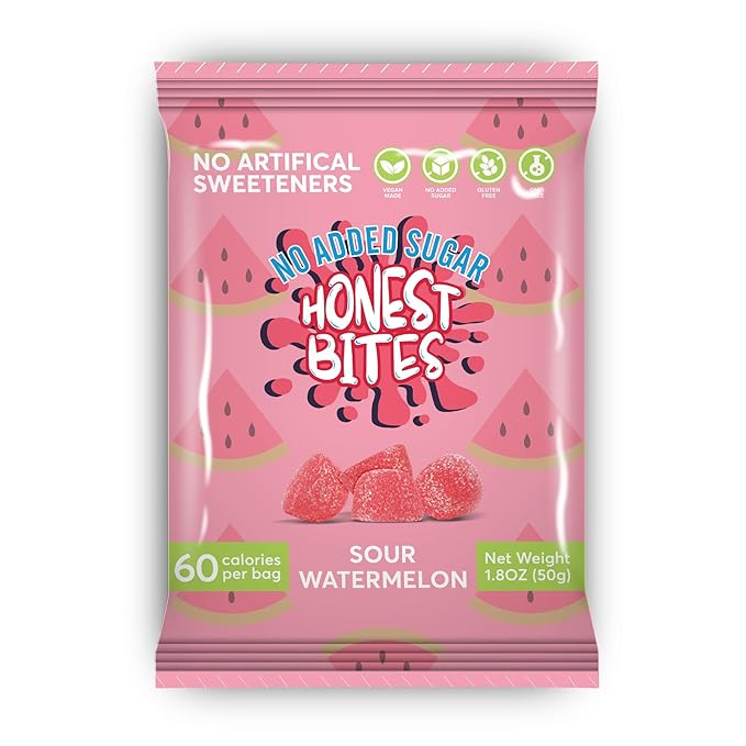 Honest Bites Sour Watermelon Candy - No Added Sugar, Gluten Free, Vegan, Dye Free, Healthy Snacks for Kids & Adults, Keto Snacks, Low Calorie, 6-Pack
