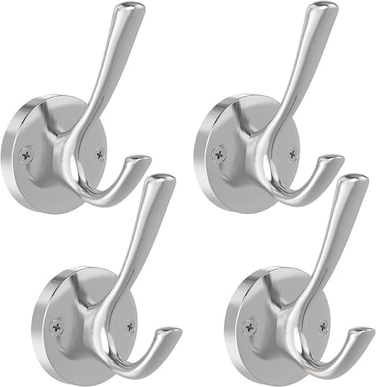 Brushed Nickel Wall Hooks, 4 Pack Heavy Duty Coat Towel Hook Metal Double Hook Wall Mounted Hanging, Bath Towel Hooks for Entryway Cubicle Bathroom Closet Garage
