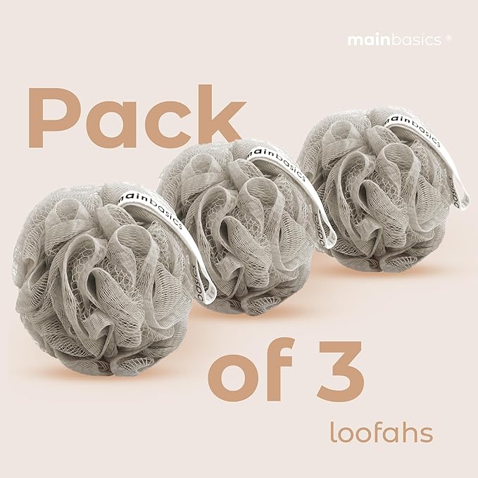 MainBasics Bath Shower Loofah Sponge Pouf Body Scrubber Exfoliator Body Wash Sponge (Set of 3, Totally Taupe)
