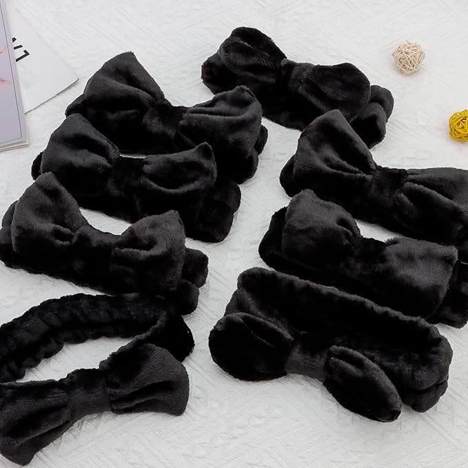 Casoty 8 Pcs Black Hairband, Soft Coral Fleece Skincare Headbands for Women Makeup, Hair Band for Washing Face, Makeup Headband for Face Washing Shower Skin Care Yoga, Bow Headbands for Adults