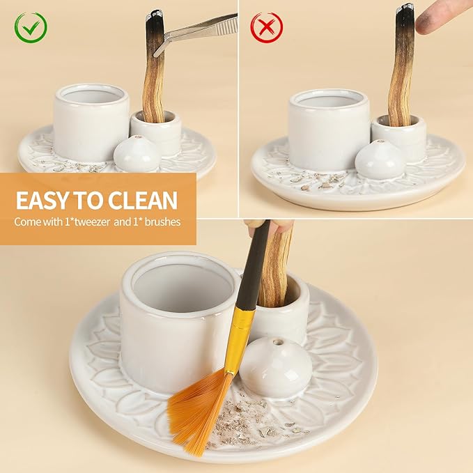 Palo Santo Sticks Holder, Multi-Purpose Handmade Ceramic Incense Burner for Palo Santo Incense Sticks, Sage Holder for Burning, Ash Catcher Tray for Meditation Yoga Room (White)