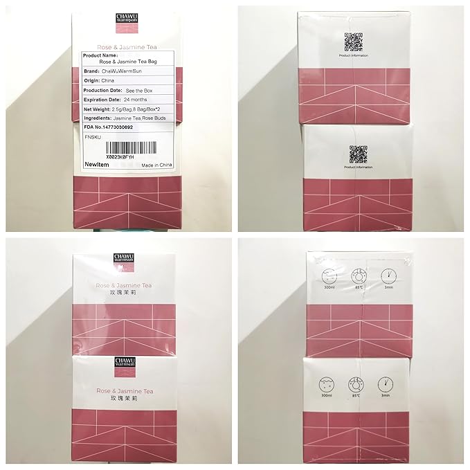 ChaWuWarmSun Rose & Jasmine Tea Bags,16 Tea bags,8 Count/Box(Pack of 2),Natural Rose Tea Bud with Jasmine Green Tea loose leaf