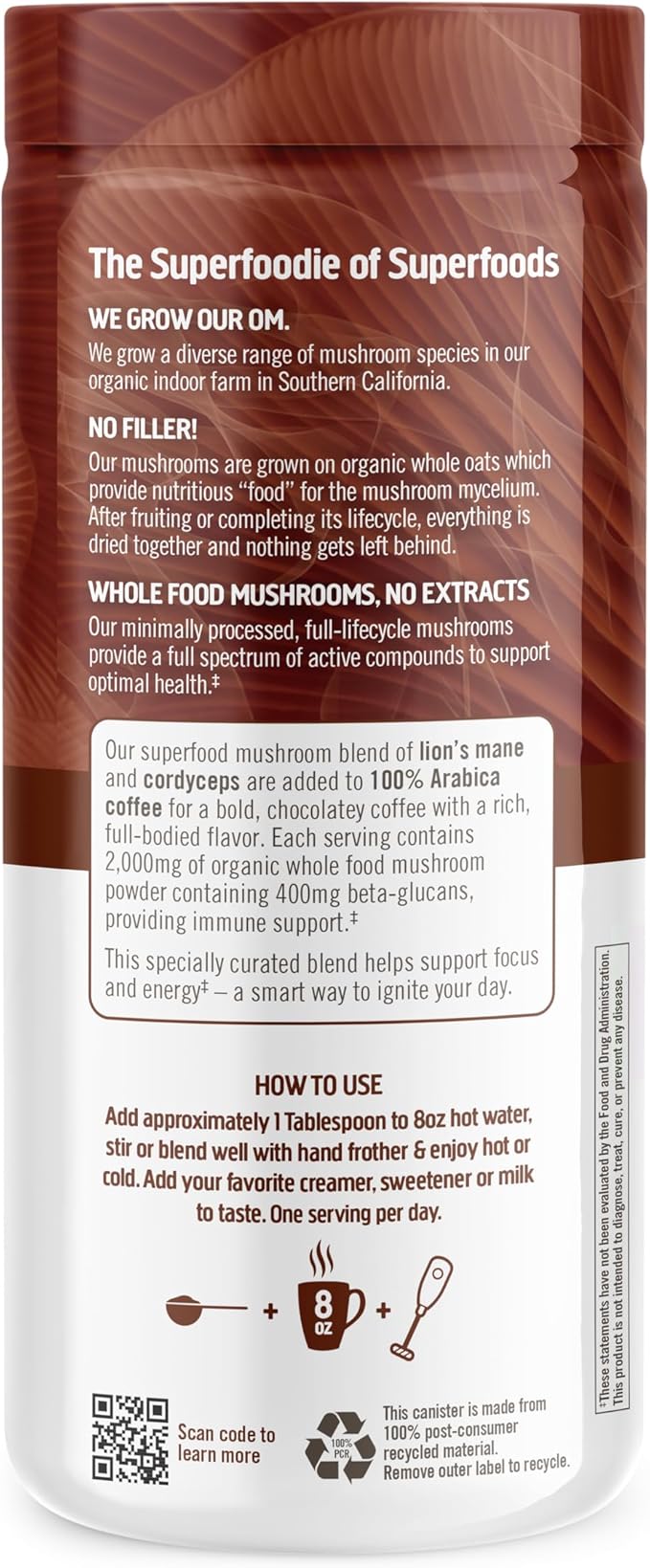 OM MUSHROOM SUPERFOOD Coffee Blend Mushroom Powder, 6.24 Ounce Canister, 30 Servings, Organic Arabica Beans, Lion's Mane, Cordyceps, Turkey Tail, Ginkgo Biloba, Supports Energy and Focus