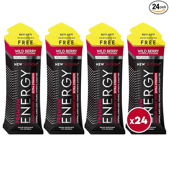 NewTrition® Extra Strength Energy Shots, 250mg Caffeine Energy Shots with Vitamin B & Amino Acids, Sugar-Free Vitamin Energy Shot, 1.7 fl oz (Pack of 24, Wild Berry)