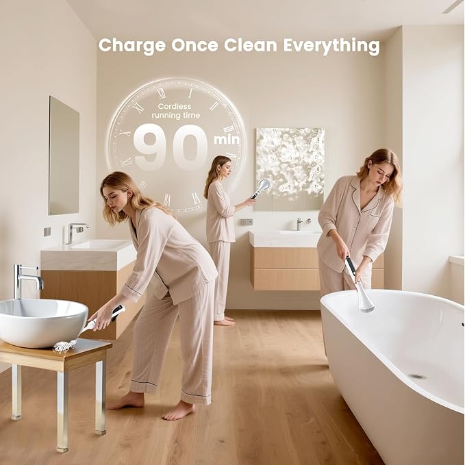 Electric Spin Scrubber Brush - Rechargeable Cordless Cleaning Brush with Full-Body IPX7 Waterproof, 6 Interchangeable Heads & 2-Speed Modes for Bathroom, Kitchen, Tile
