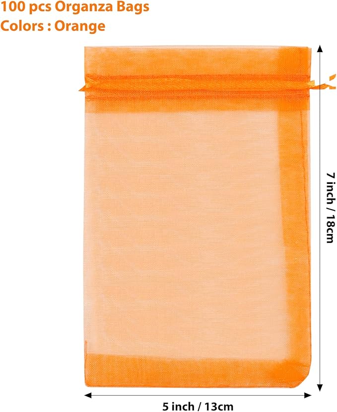 ANZNKU 100PCS Orange Organza Bags 5x7 inches Mesh Bags Drawstring, Gift Bag for Halloween, Wedding Mesh Festival Makeup Organza Party Favor Bag, Sheer Mesh Pouches Drawstring
