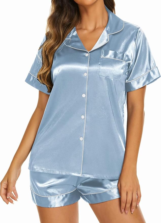 Ekouaer Silk Pajamas for Women Short Sleeve Sleepwear Soft Button Down Loungewear 2 Piece Satin Pjs Shorts Set S-XXL
