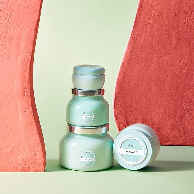 Capri Blue Volcano Scented Mini Tin Jar Candle - Printed Mini Tin Candles for Home Scented with Tropical Fruit & Sugared Citrus - Long Lasting Soy Wax Blend - Aqua (3 oz)