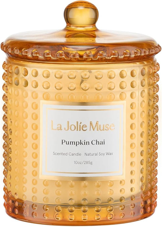 LA JOLIE MUSE Fall Candles – Pumpkin Candle with Spicy Chai & Vanilla | 10 oz Soy Wax Candle | 55 Hours Clean Burn | Autumn Home Décor & Hosting Gift
