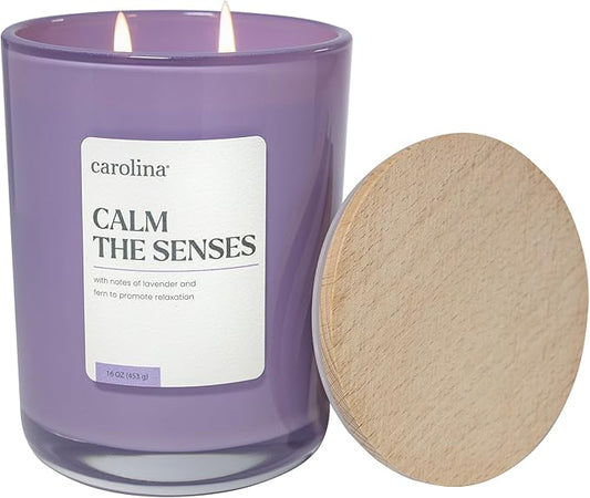 Carolina Calm The Senses Scented Candle, 16 oz Lavender & Fern Scented, 2 Wick Wellness Relaxing Candle, 60H Burn Time, Ideal for Creating a Welcoming Home - Made in The USA
