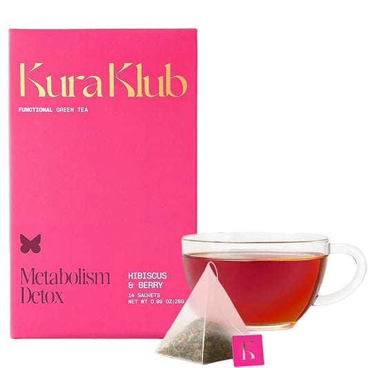 Kura Klub Green Tea Metabolism Blend — Herbal Detox & Beauty Support with Hibiscus| Clean Energy, Digestion & Bloat Relief | Strawberry Lemon Flavor | 14 Plant-Based Pyramid Tea Bags | No Microplastics