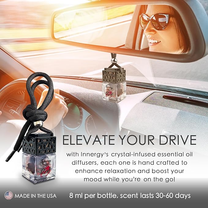 Innergy Root Chakra Crystal Infused Car Air Freshener - Portable 8 ml. Hanging Essential Oil Diffuser for Vehicle, Long-Lasting Fragrance, Eco-Friendly Design, Freshness On The Go!
