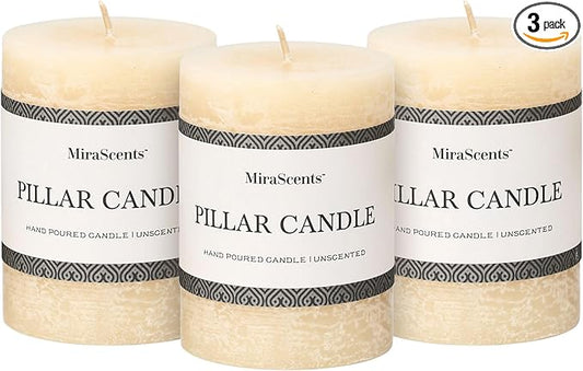 3x4 Inch Ivory Pillar Candles Set of 3 - Hand-Poured Unscented Candles, Long Clean Burning, Large Big Candle, Smokeless Dripless Candle for Dinner Table, Wedding, Home, Bathroom, Rustic Decor