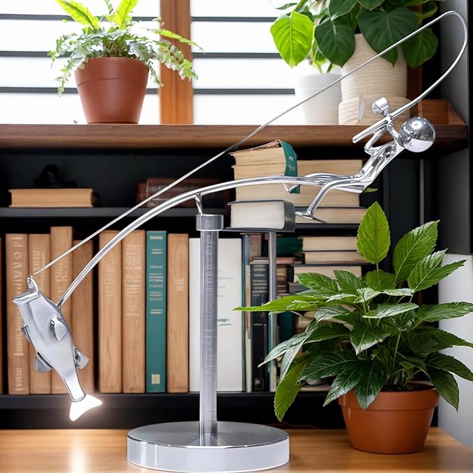 Kinetic Fishing Sculpture - Balance Art for Your Space, Fisherman Kinetic Balancing Desk Toy Fishing Physics Sculpture for Home Office Art Deco, Stainless Steel Balance Physics Toy (1pcs)