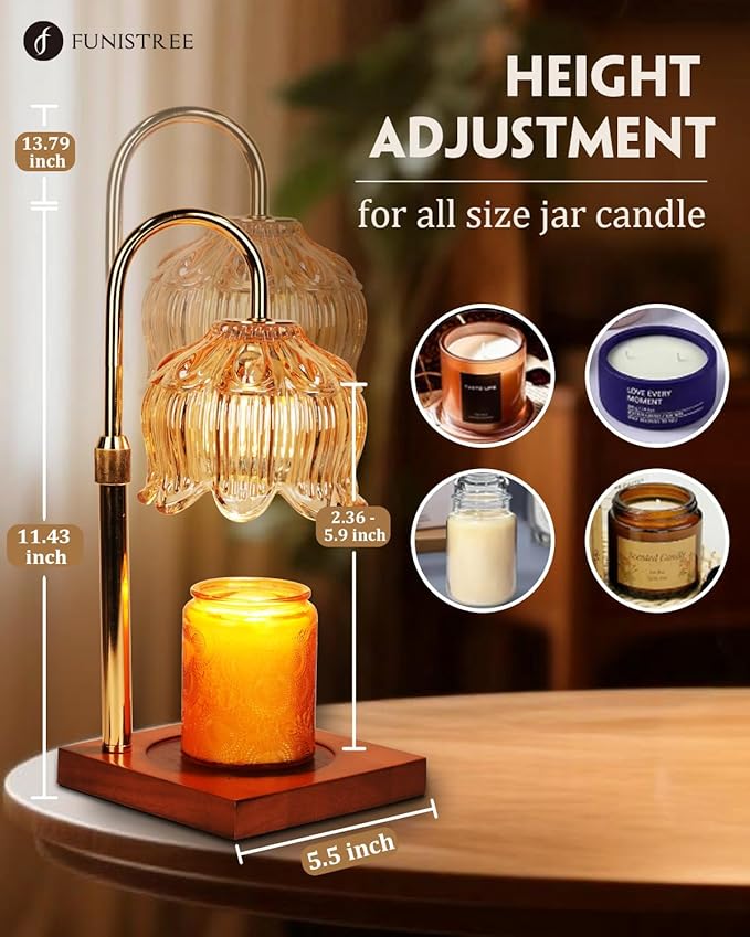 Candle Warmer Lamp with Timer Dimmable, Height Adjustable Birthday Gifts for Women Mom House Warming, Home Decor, Lotus Flower Candle Lamp Warmer 2 Bulbs Inc (Amber)