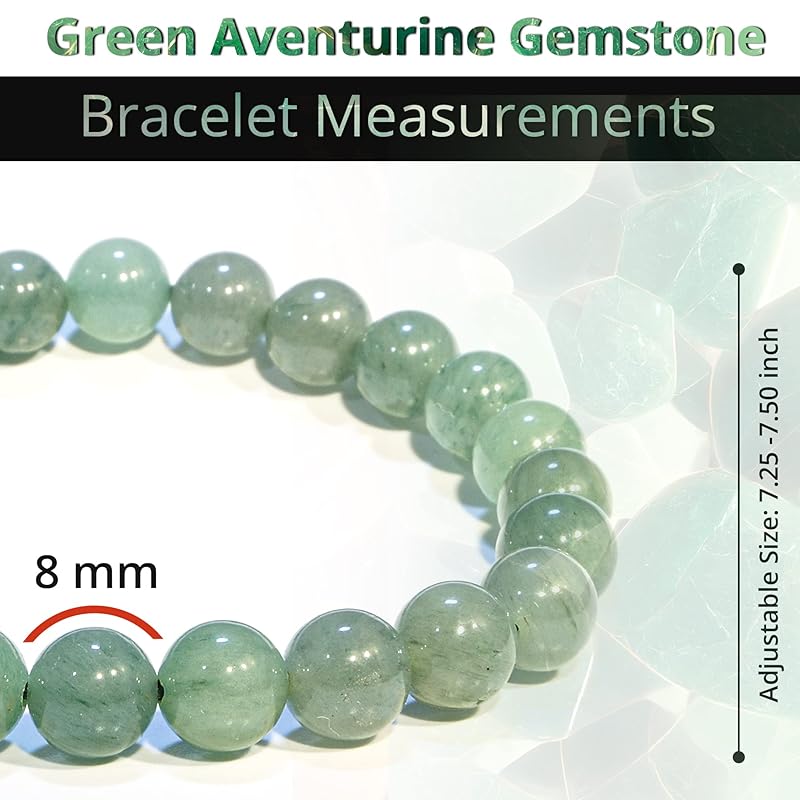 Green Aventurine Bracelet, Natural Healing Crystal Bracelet for Women and Men, 8mm Round Beaded Bracelet for Wealth, Prosperity, Elastic Adjustable Size Gemstone Bead Bracelet for Attract Success