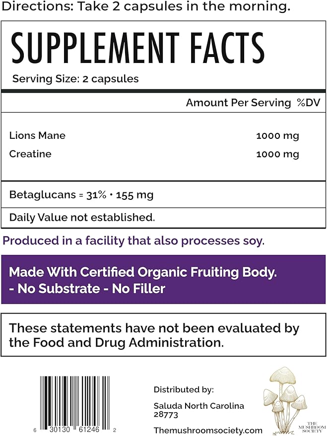 Lion’s Mane Extra Supplement - 1000 mg Lion’s Mane + 1000 mg Creatine – Mental & Physical Energy, Clarity & Performance - 120 Vegan Capsules