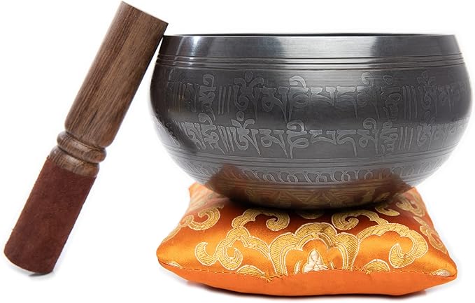 Tibetan Singing Bowl Set - Easy To Play Authentic Handcrafted For Meditation Sound Chakra Yoga Healing 4 Inches By Himalayan Bazaar (Black & Orange)