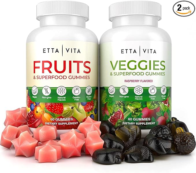 (120 Chews) Fruits and Veggies Supplement - Super Greens Gummies (9 Superfruits & 30 Veggies) Mushrooms, Fruit and Vegetable Vitamins, Non-GMO, Pectin-Based, Gluten-Free, No Capsules