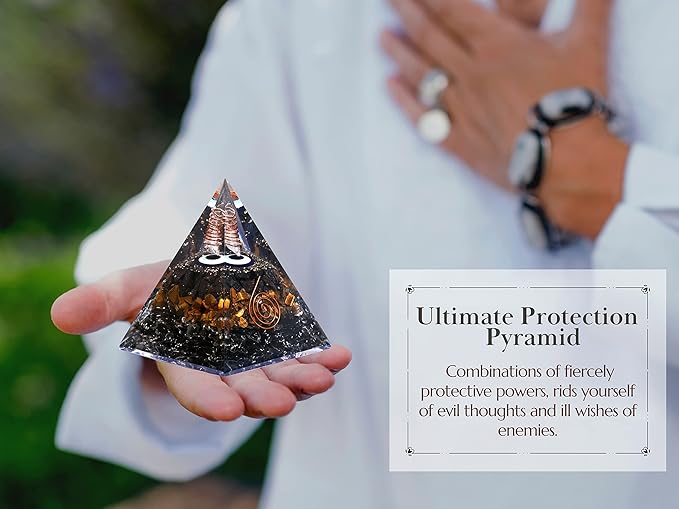 Amazing Gemstone Organite Orgone Pyramid Extra Large 95MM - Orgone Energy Pyramid with Evil Eye, Hematite, Tiger Eye,Black Obsidian Crystals&Healing Stone - Orgonite Pyramids Crystals&Positive Energy