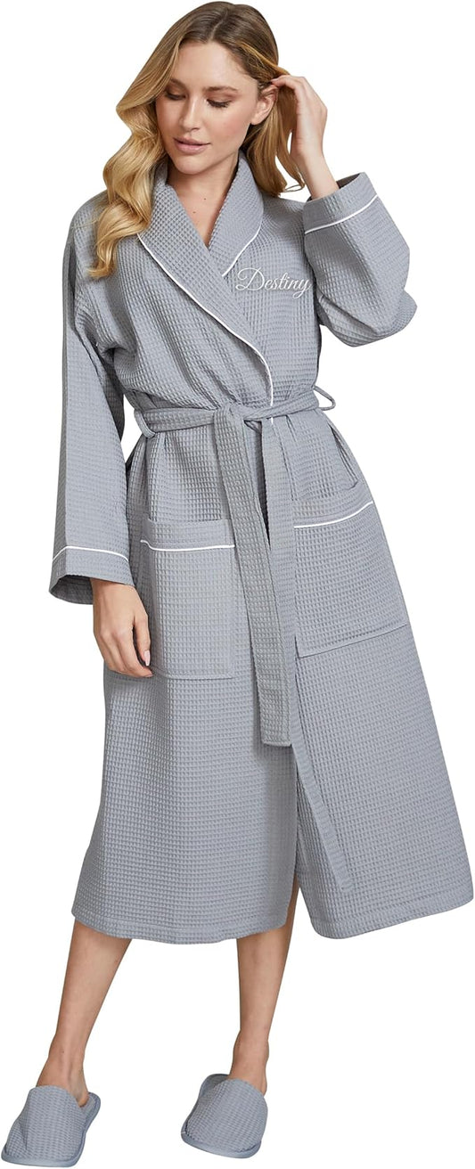 Lotus Linen Waffle Robes for Women - Lightweight Cotton Kimono Bathrobe - Long Soft Spa Bath Robe