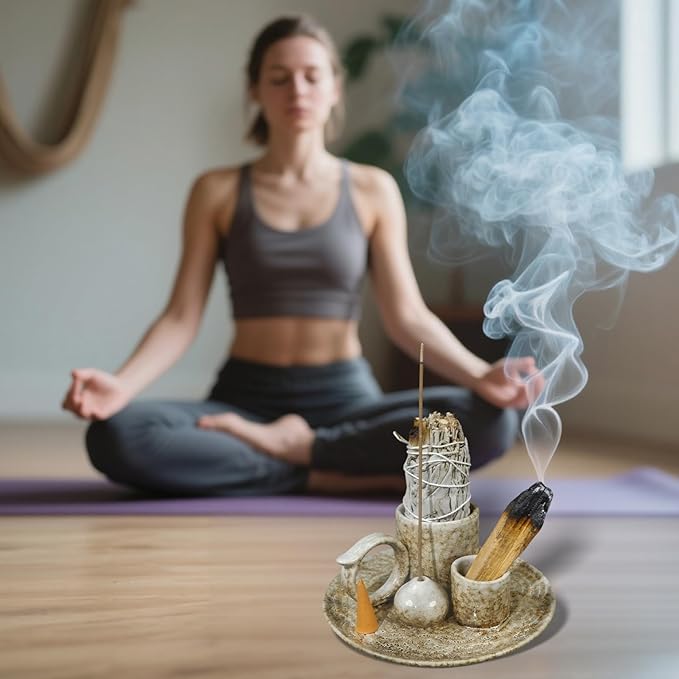 5.1Inch 5-in-1 Ceramic Smudge Bowl Brown - Incense Stick Holder, Small Candle Holder, Smudge Bowl/Dish, Fits Palo Santo, Sage.Zen Altar for Meditation/Yoga, Aromatic Scents, Easy to Clean
