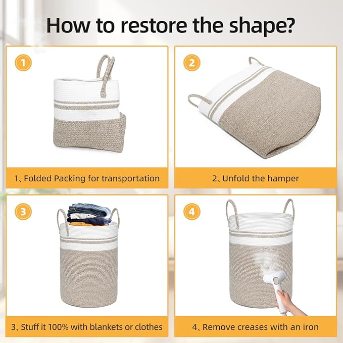 72L Large Laundry Basket, Laundry Hamper with Handles, Clothes Storage Basket, Tall Woven Rope Storage Basket for Dirty Clothes, Blankets, Pillows in Bathroom, Bedroom (Brown, 16 x 22in)