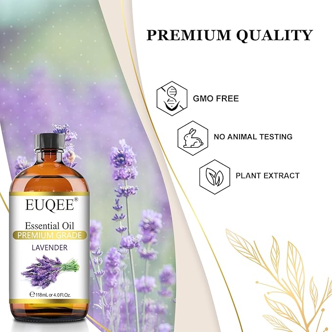 EUQEE Lavender Essential Oil 118mL Pure Lavender Oil Large Capacity Essential Oil with Glass Dropper for Diffuser, DIY Candle - 4Fl. Oz