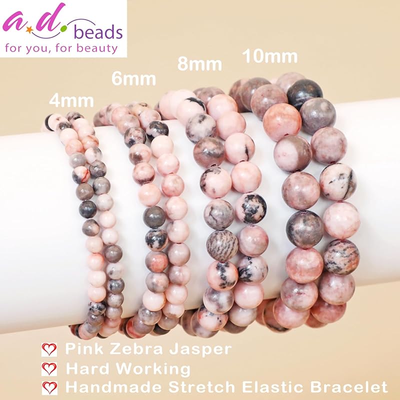 AD Beads Handmade Gemstone Stretch Elastic Bracelet Crystal Healing Reiki Nature's Beauty and Spiritual Essence Unisex (6mm, Pink Zebra Jasper (Hard Working))