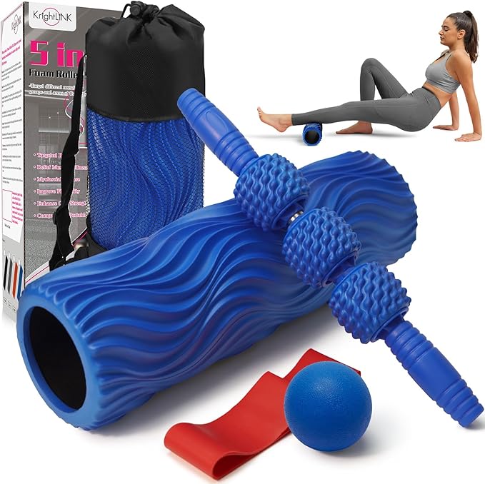 5-in-1 Foam Roller Set, Massage Roller Stick, Massage Ball, Resistance Band for Deep Muscle Massage, Trigger Point Release, Pilates, Yoga (Blue-Wave)